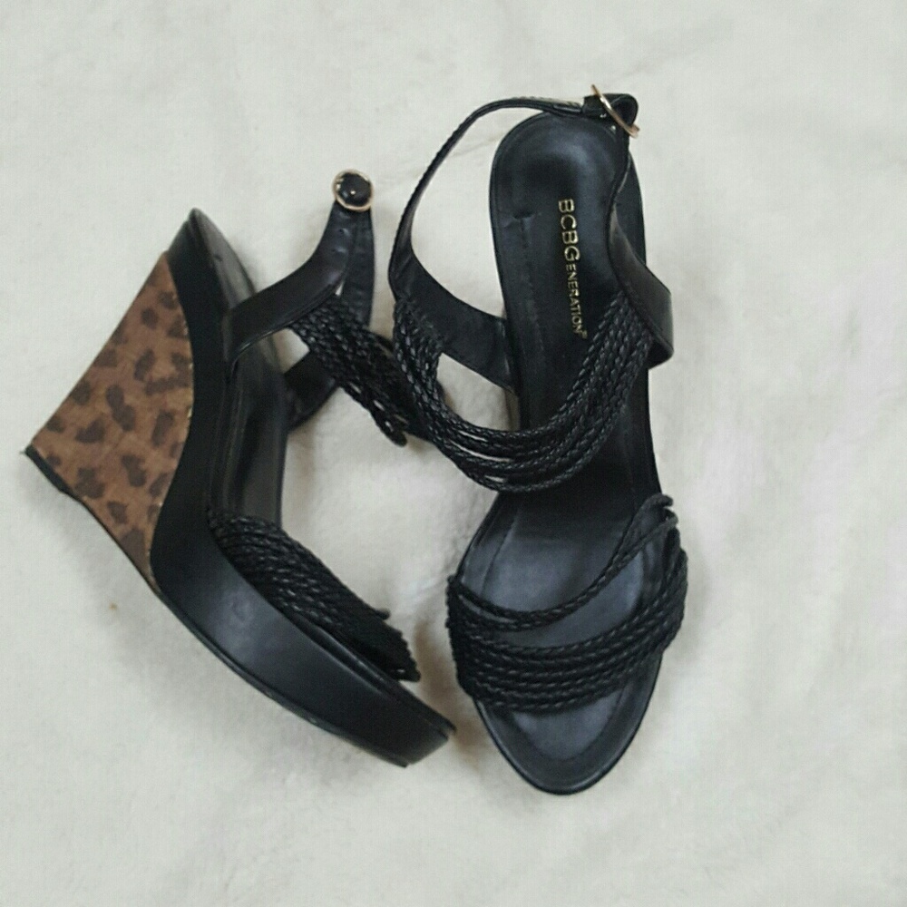 YTK BCBGeneration Black Braided Strap Wedge Sandals with Leopard Print Heel
